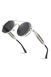 FEISEDY Lunettes de Soleil Steampunk Homme Femme Lunettes Rétro Rondes Hippie avec Monture en Métal Protection UV400 pour la 