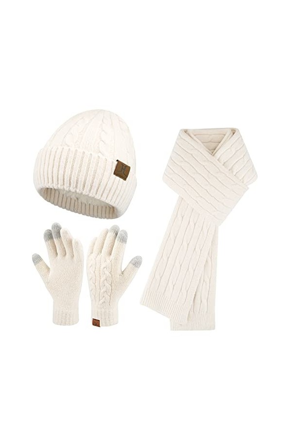 ZASFOU Bonnet dhiver pour femme, écharpe, gants tactiles, ensemble de gants en tricot thermique, bonnet dhiver, écharpes, g