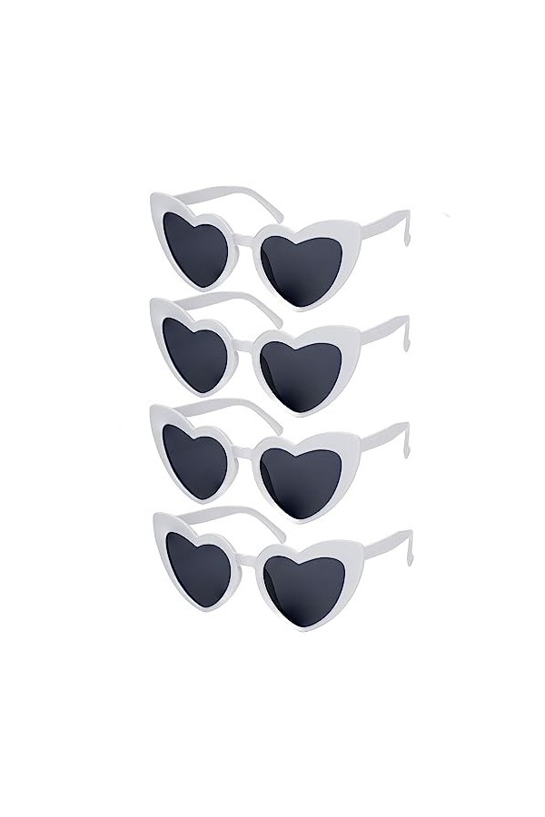 Lot de 4 lunettes de soleil vintage en forme de cœur blanches pour femme œil de chat, blanc, Taille unique