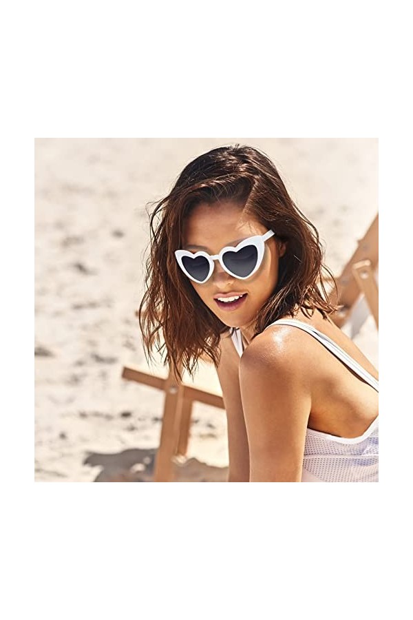Lot de 4 lunettes de soleil vintage en forme de cœur blanches pour femme œil de chat, blanc, Taille unique