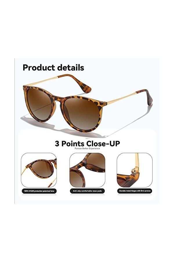 kunchu Lunettes de Soleil Femme Polarisées Rond Retro Grand Cadre Sports Protection UV400,pour Homme et Femmes,Lunette Soleil