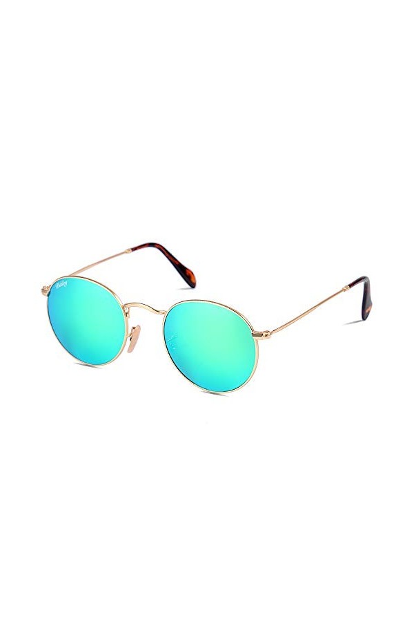 DIKLEY Ronde Vintage Rétro Miroir Anti-UV Lunettes de Soleil&nbsp;Femme Homme Métal Cadre Verre Lentille Unisexe A-Cadre en Or/Ve