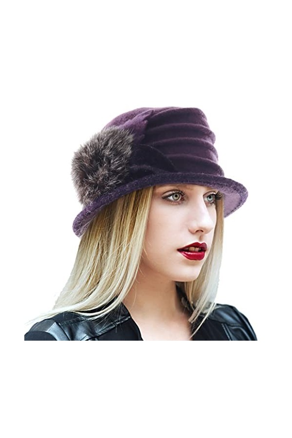 Ruphedy Béret bob pour femme - Style vintage des années 1920 - En laine, Pom-violet, taille unique