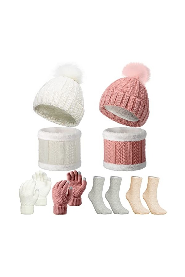Set de 8 Pcs Bonnets à Pompons Écharpe Cache-Cou en Tricot GantsTricotés Chaussettes Blanc, Blanc Crème, Rose, Gris 