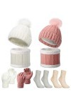 Set de 8 Pcs Bonnets à Pompons Écharpe Cache-Cou en Tricot GantsTricotés Chaussettes Blanc, Blanc Crème, Rose, Gris 