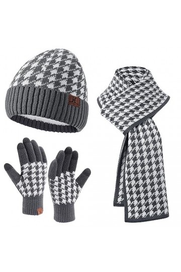 Femmes Hommes Hiver Chaud Tricot Bonnet Gants Tactiles Grosse Echarpe Ensemble avec Doublure Polaire Chapeau Foulard Cadeaux 