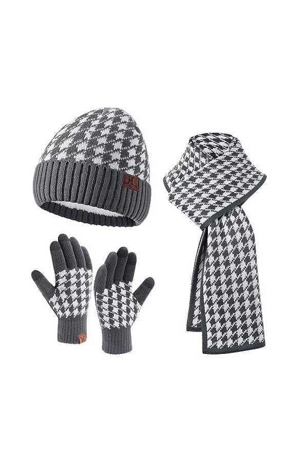 Femmes Hommes Hiver Chaud Tricot Bonnet Gants Tactiles Grosse Echarpe Ensemble avec Doublure Polaire Chapeau Foulard Cadeaux 