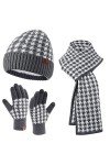 Femmes Hommes Hiver Chaud Tricot Bonnet Gants Tactiles Grosse Echarpe Ensemble avec Doublure Polaire Chapeau Foulard Cadeaux 