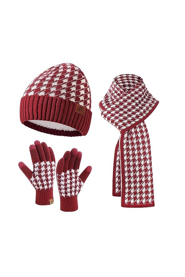 Femmes Hommes Hiver Chaud Tricot Bonnet Gants Tactiles Grosse Echarpe Ensemble avec Doublure Polaire Chapeau Foulard Cadeaux 