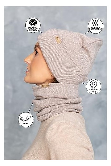 KNITAS Bonnet dhiver double couche en laine mérinos - Super doux et chaud - Pour homme et femme - Couleur beige - Taille uni