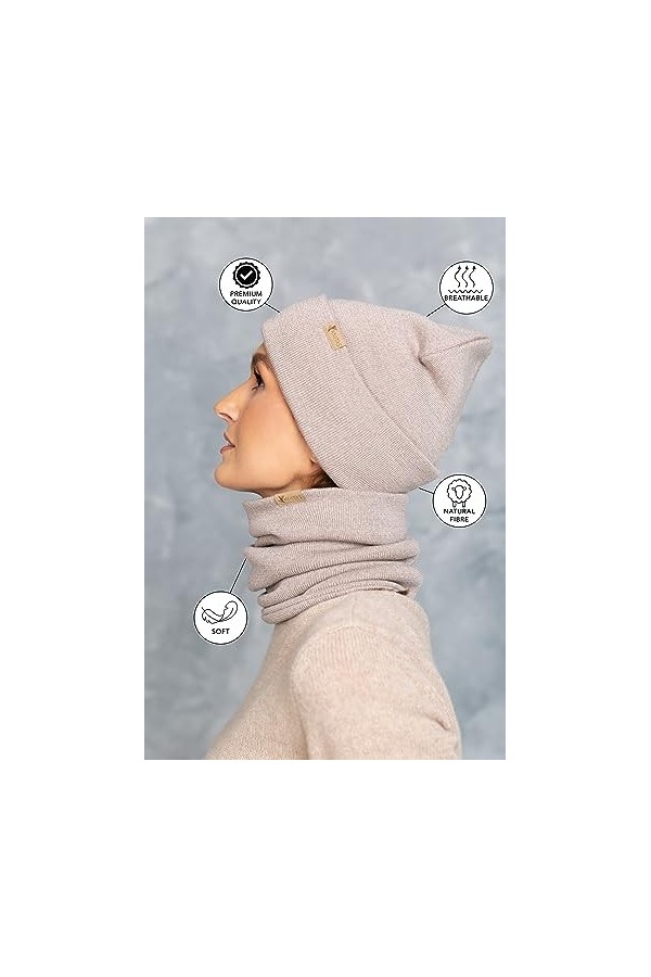 KNITAS Bonnet dhiver double couche en laine mérinos - Super doux et chaud - Pour homme et femme - Couleur beige - Taille uni