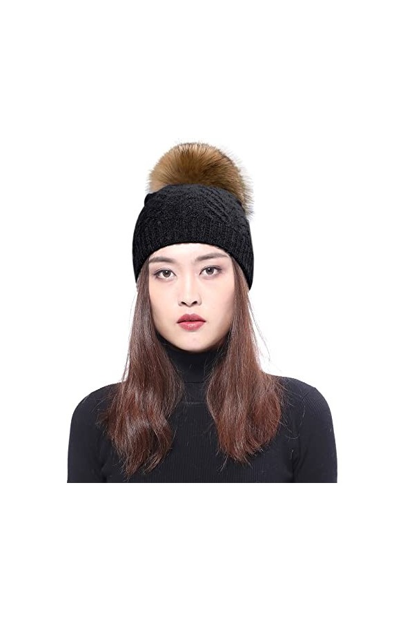 BeFur Bonnet tricoté pour femme dhiver doux et élastique avec pompon renard, Noir + balle de raton laveur, Taille unique