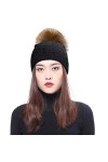 BeFur Bonnet tricoté pour femme dhiver doux et élastique avec pompon renard, Noir + balle de raton laveur, Taille unique