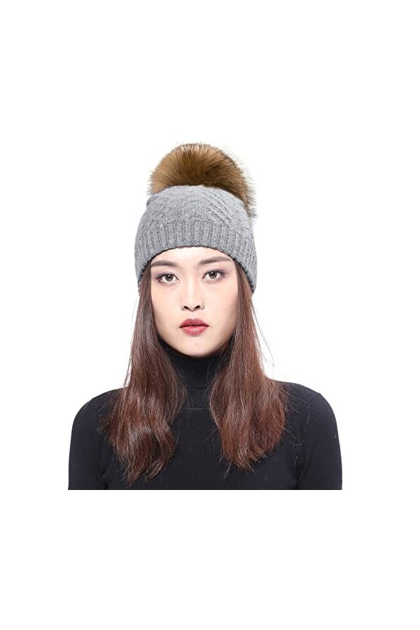 BeFur Bonnet tricoté pour femme dhiver doux et élastique avec pompon renard, Noir + balle de raton laveur, Taille unique