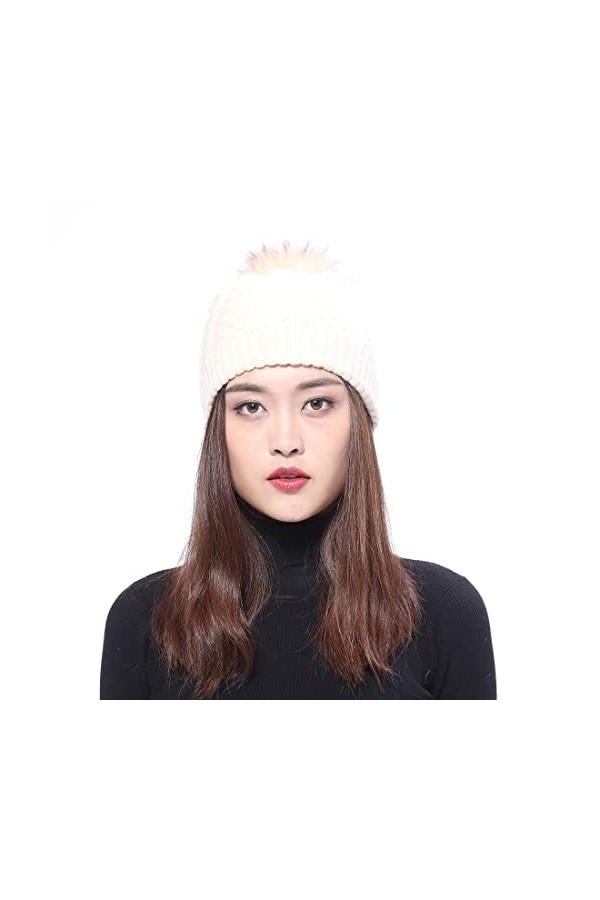 BeFur Bonnet tricoté pour femme dhiver doux et élastique avec pompon renard, Noir + balle de raton laveur, Taille unique