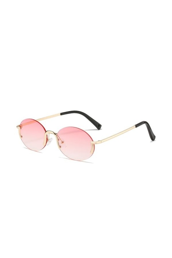 Lunettes de Soleil rétro sans Monture pour Femmes, Demi-Monture Ovale en métal doré, Lunettes de Soleil Rondes pour Dames, sa
