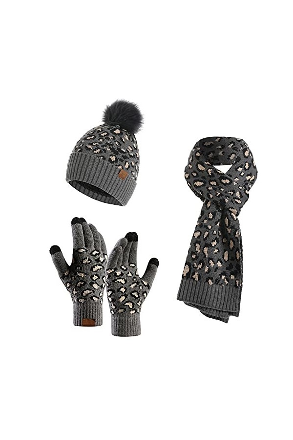 Maeau - 3 pièces Bonnet écharpe et gants pour femme en tricot bonnet élastique pompon écharpe longue thermique doublure épais