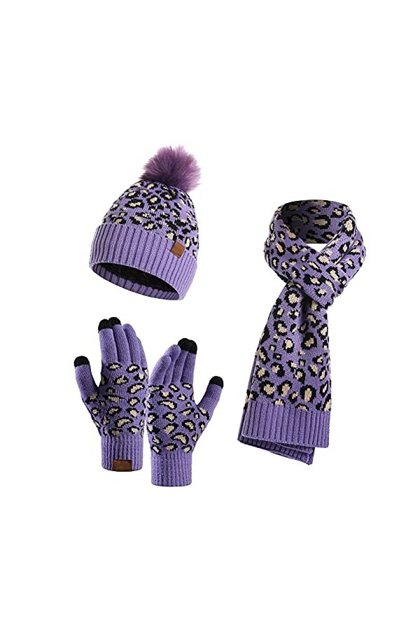 Maeau - 3 pièces Bonnet écharpe et gants pour femme en tricot bonnet élastique pompon écharpe longue thermique doublure épais