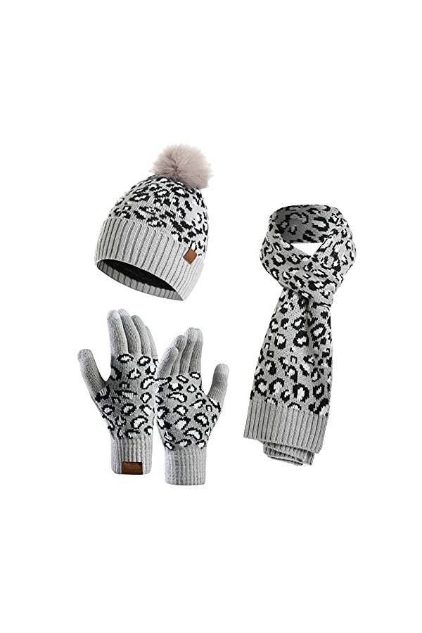 Maeau - 3 pièces Bonnet écharpe et gants pour femme en tricot bonnet élastique pompon écharpe longue thermique doublure épais