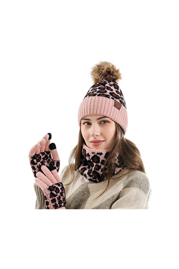 CAMLAKEE Ensemble dhiver chaud pour femme avec bonnet, écharpe tube et gants pour écran tactile avec doublure polaire et mot