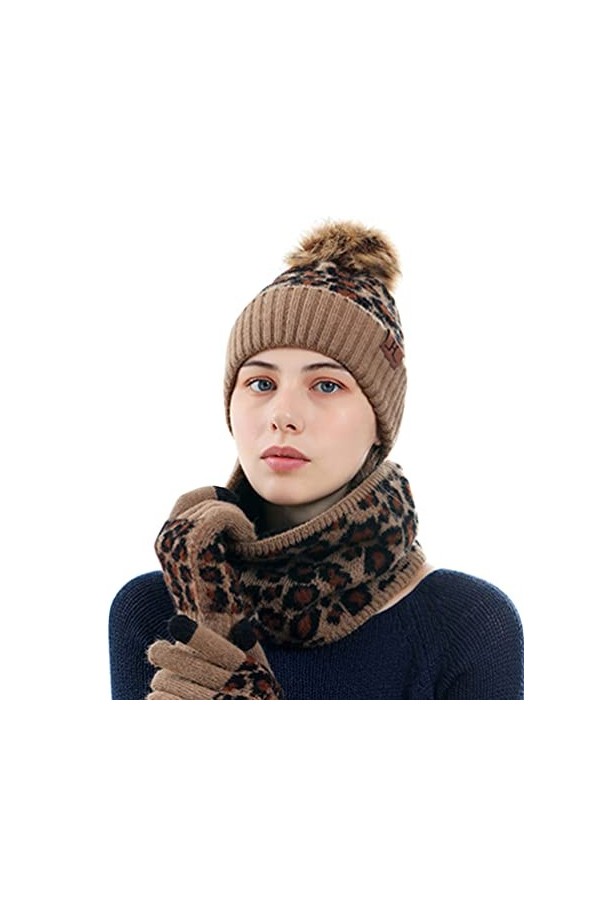 CAMLAKEE Ensemble dhiver chaud pour femme avec bonnet, écharpe tube et gants pour écran tactile avec doublure polaire et mot
