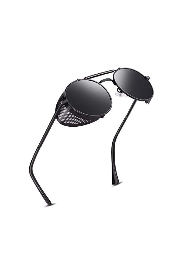 GQUEEN Lunettes de Soleil Ronde Polarisées Rétro Métal Cadre Steampunk pour Homme et Femme Unisexe Avec Protection UV400 MFN2