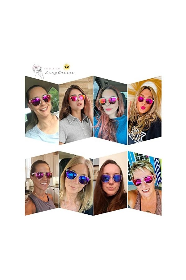 Sumato Lunettes de soleil carrées pour femmes, lunettes de soleil tendance pour femmes, protection UV400, verres miroir rose,