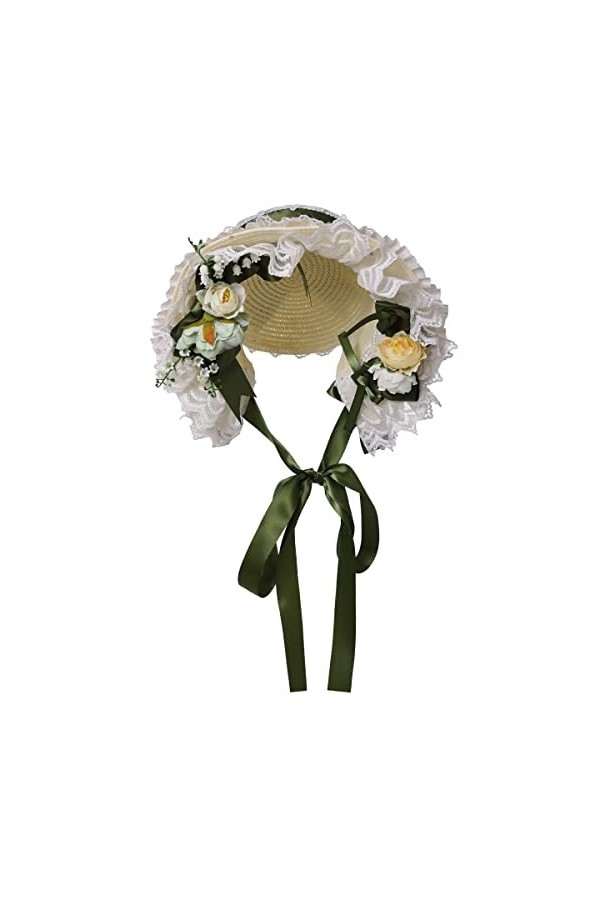 COSDREAMER Bonnets victoriens en en Dentelle et Fleurs pour Filles et Femmes Vert, Taille Unique 