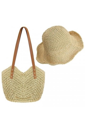 SATINIOR Grand Sac à Bandoulière en Paille Tissé à Main Boho Chapeau en Paille à Large Bord Pliable pour Été Plage Couleur d