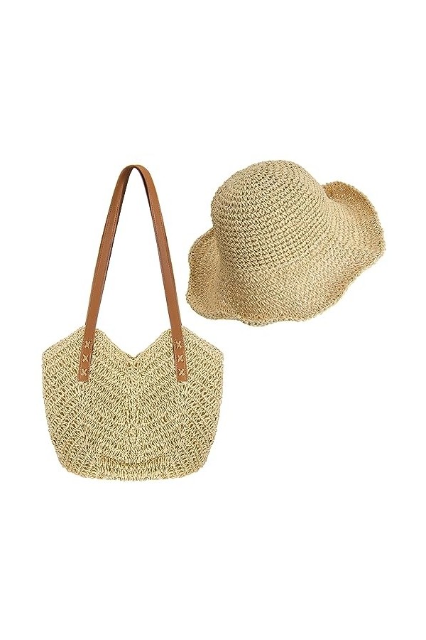SATINIOR Grand Sac à Bandoulière en Paille Tissé à Main Boho Chapeau en Paille à Large Bord Pliable pour Été Plage Couleur d