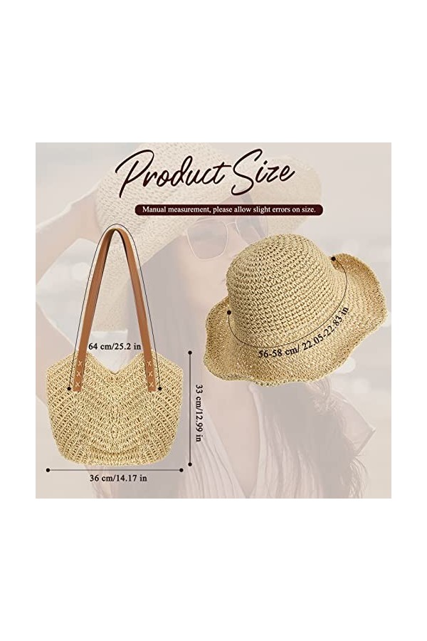 SATINIOR Grand Sac à Bandoulière en Paille Tissé à Main Boho Chapeau en Paille à Large Bord Pliable pour Été Plage Couleur d