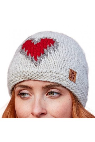 Pachamama Bonnet en laine pour femme avec doublure polaire tricotée à la main Motif cœur rouge avoine Taille unique Fait à la
