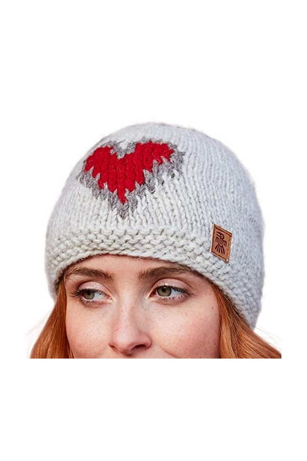 Pachamama Bonnet en laine pour femme avec doublure polaire tricotée à la main Motif cœur rouge avoine Taille unique Fait à la