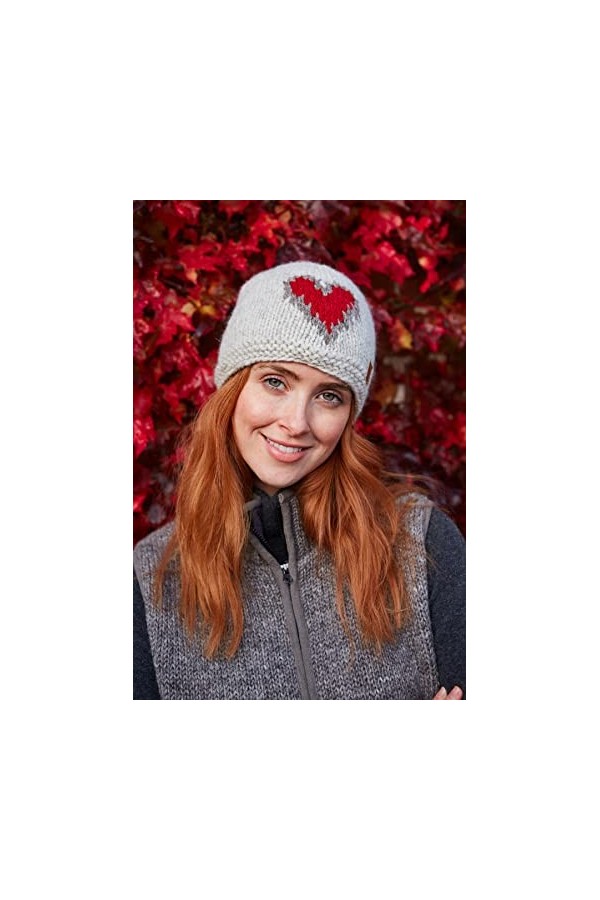 Pachamama Bonnet en laine pour femme avec doublure polaire tricotée à la main Motif cœur rouge avoine Taille unique Fait à la