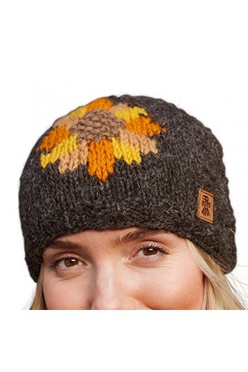 Pachamama Bonnet en laine pour femme avec doublure en polaire Motif tournesol Écorce Taille unique Fait à la main Très chaud 