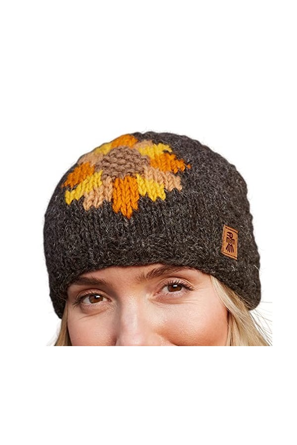 Pachamama Bonnet en laine pour femme avec doublure en polaire Motif tournesol Écorce Taille unique Fait à la main Très chaud 