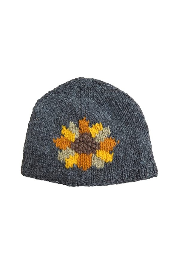 Pachamama Bonnet en laine pour femme avec doublure en polaire Motif tournesol Écorce Taille unique Fait à la main Très chaud 