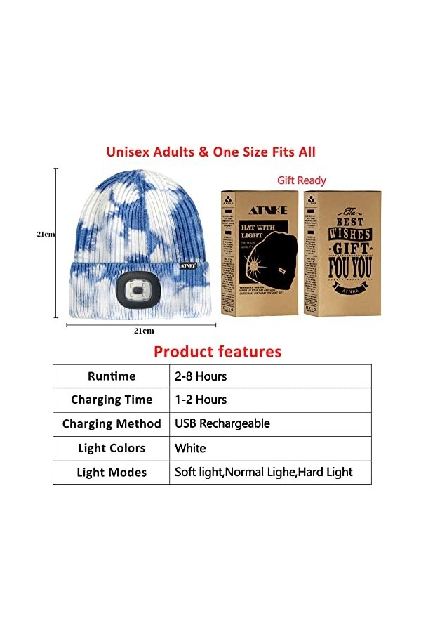 ATNKE 2 Pièces Chaud LED tricoté Chapeau de Bonnet Unisexe avec,USB Rechargeable Chapeau de Course Ultra Lumineux 4 LED Lampe