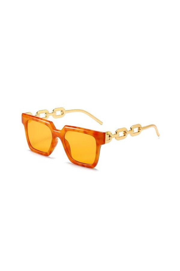 Mode Femmes Lunettes de Soleil carrées Nuances UV400 Vintage Jambes de chaîne Hommes Lunettes de Soleil Miroir dégradé, Ambre