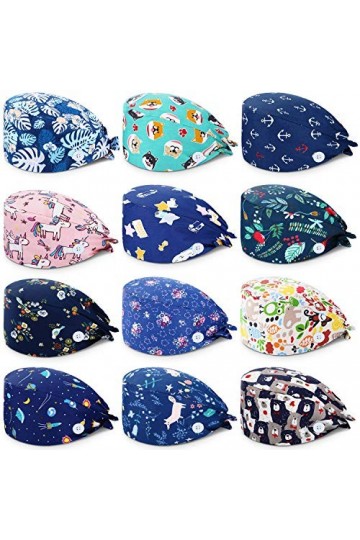 12 Pièces Casquettes Bouffantes Unisexes avec Boutons Casquette à Nouer au Dos Imprimées Coloré avec Bandeau pour Femmes Homm