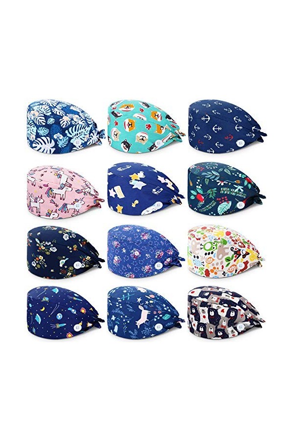 12 Pièces Casquettes Bouffantes Unisexes avec Boutons Casquette à Nouer au Dos Imprimées Coloré avec Bandeau pour Femmes Homm
