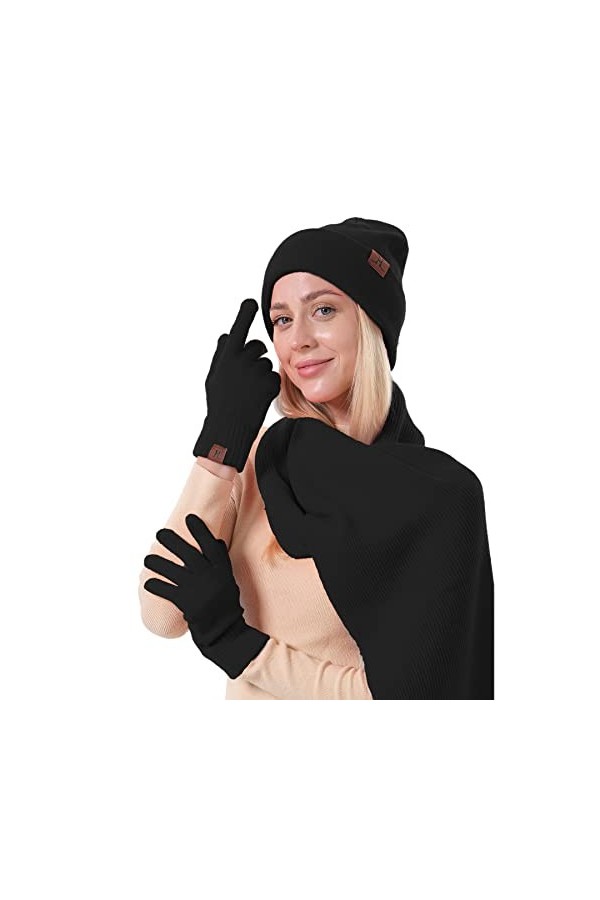 H at Scarf Ensemble de gants unisexe en laine douce avec longue écharpe châle double couche bonnet gants pour écran tactile p