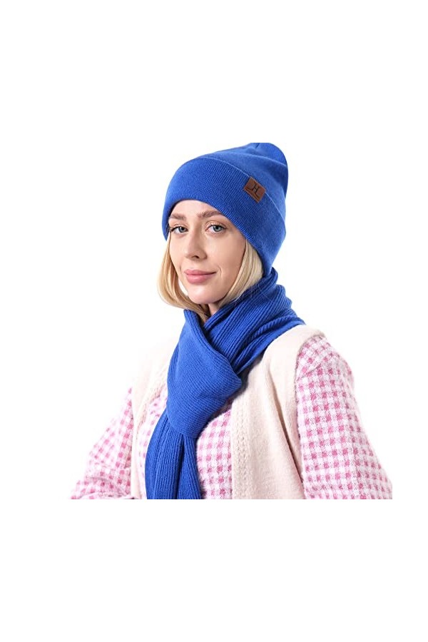 H at Scarf Ensemble de gants unisexe en laine douce avec longue écharpe châle double couche bonnet gants pour écran tactile p