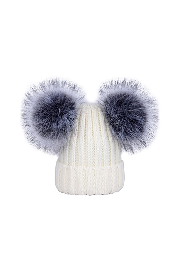 YoungSoul Bonnets femme chaud hiver - Bonnet tricot côtelé avec amovible deux pompons en fausse fourrure Blanc