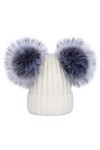 YoungSoul Bonnets femme chaud hiver - Bonnet tricot côtelé avec amovible deux pompons en fausse fourrure Blanc