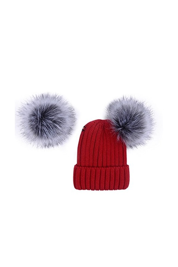 YoungSoul Bonnets femme chaud hiver - Bonnet tricot côtelé avec amovible deux pompons en fausse fourrure Blanc