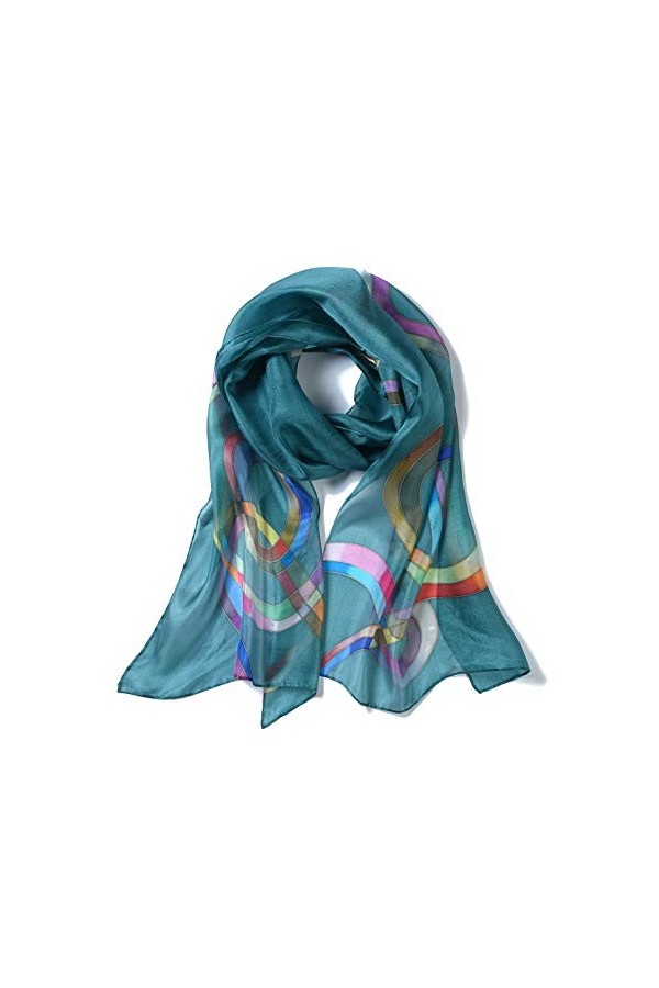 Invisible World Foulard Soie 100% Femme pour Cheveux, Cou, Tete Echarpe Longue Peint a la Main - Libellule - Bleu Sarcelle