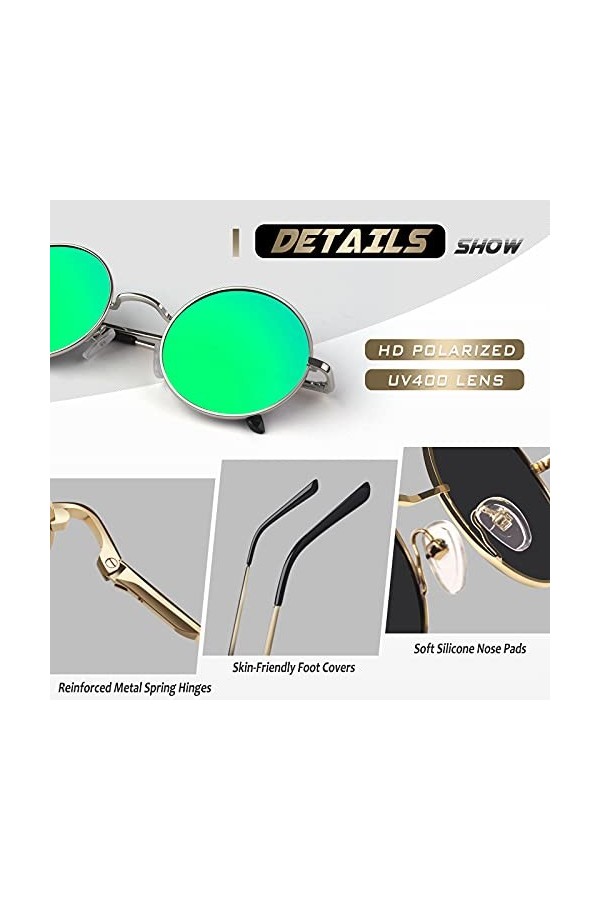 CGID E01 lunettes de soleil polarisées inspirées du style retro vintage Lennon en cercle métallique rond protection UV400,Gra