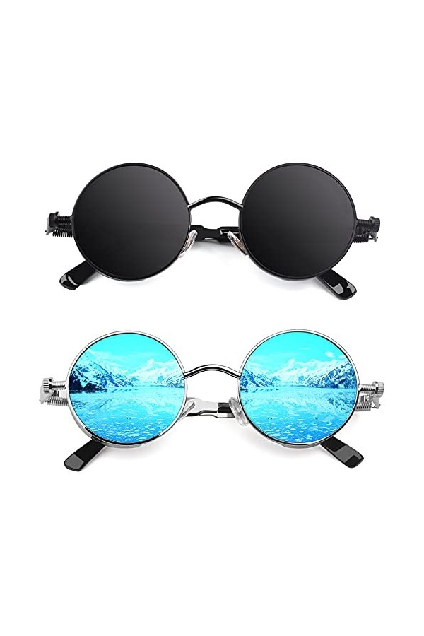 CGID E72 Lunettes de soleil homme femme ronde polarisées inspirées du style retro Steampunk en cercle métallique