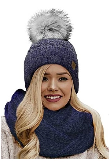 4sold Femme Set Bonnet et écharpe Mohair dhiver Wool Chapeau Hat Grande Faux Pom Pom Bonnet dhiver Chaud Doublure Polaire -